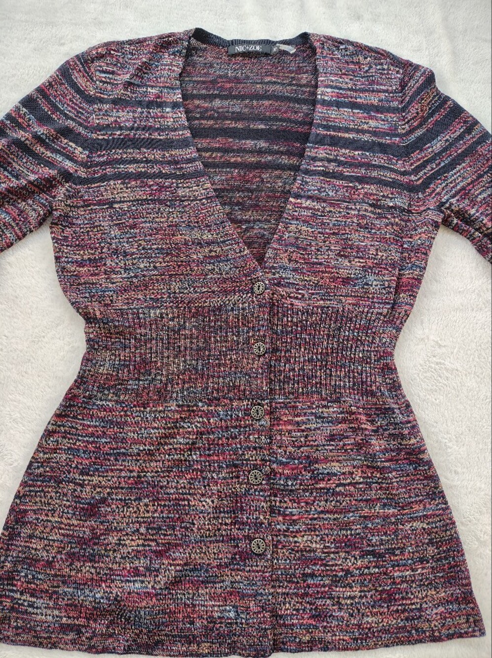 NIC+ZOE Multicolor V-Neck Button-Front Knit Sweater - Pink, Blue